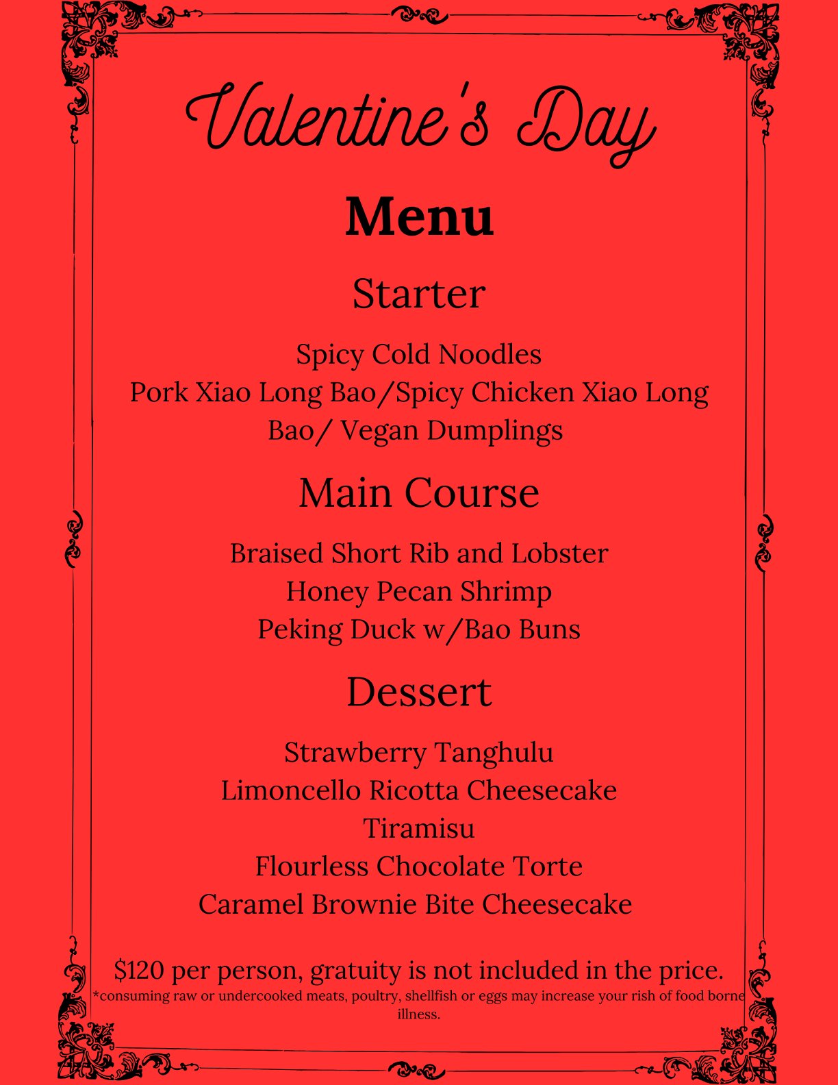 Valentine's Day fixed-price menu on a red background featuring starters like xiao long bao, main courses including Peking duck and lobster, and various desserts for $120 per person.