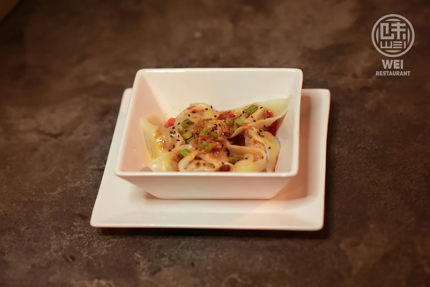 Pork wontons in spicy red oil with chili and sesame at Wei Restaurant, a Chinese Restaurant in Anchorage